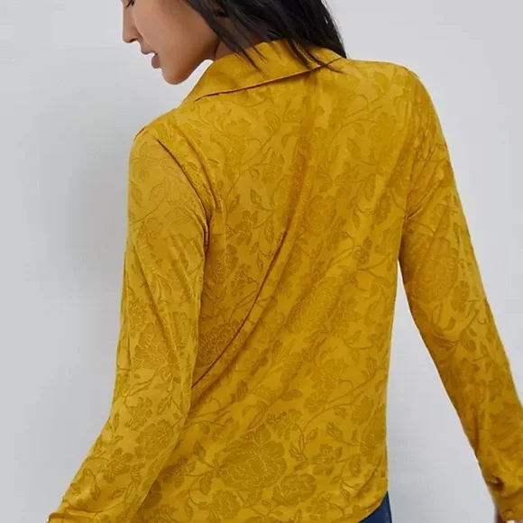 Anthropologie Maeve Lydia Gold Floral Burnout Wrap Blouse - Picture 2 of 8